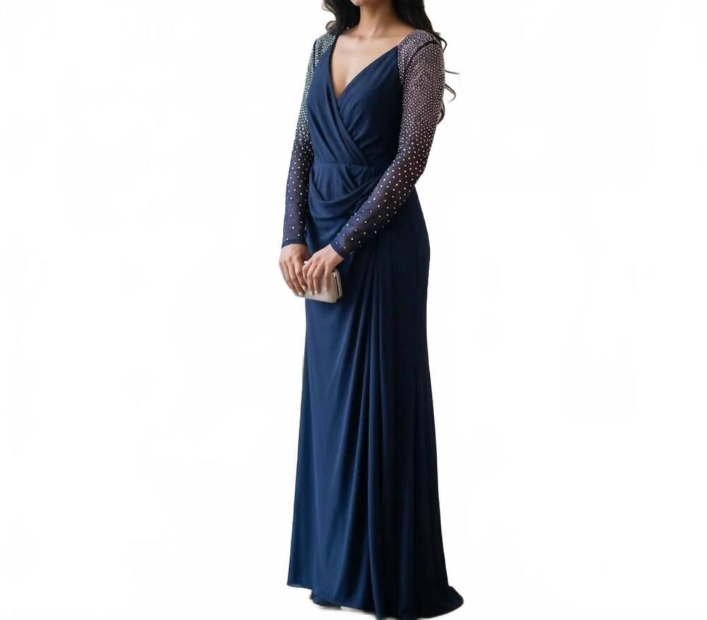 NEW BETSY & ADAM women's embellished sheer sleeve wrap maxi dress in navy blue